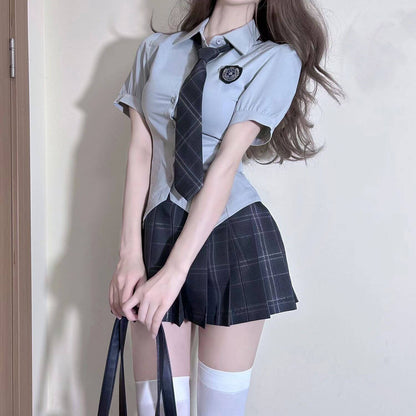 畢業班服女制服純欲學姐JK襯衫短袖日系校服學院風套裝格裙套裝 -24053117